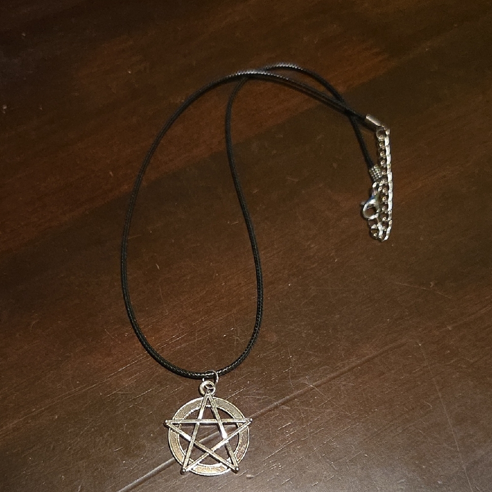 Mystical Silver Pentagram Necklace with Black Cord